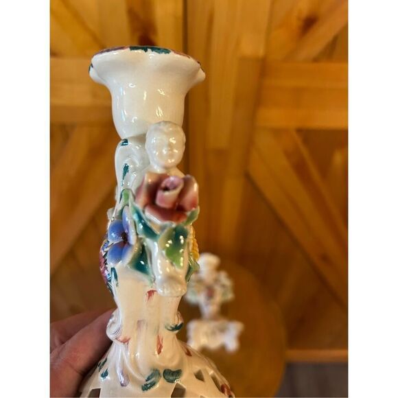 Antique Candle Holders Capodimonte Style Cherubs Made In Italy Hand Painted READ - Picture 7 of 16